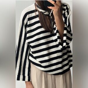 ZARA Black and White Striped V-Neck Sweater size medium